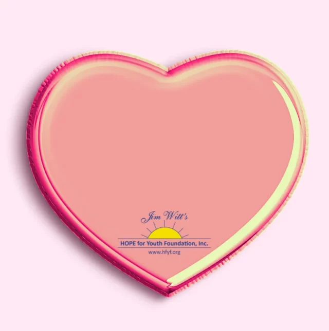 Pink heart graphic with Jim Witt's HOPE for Youth Foundation logo at the bottom.