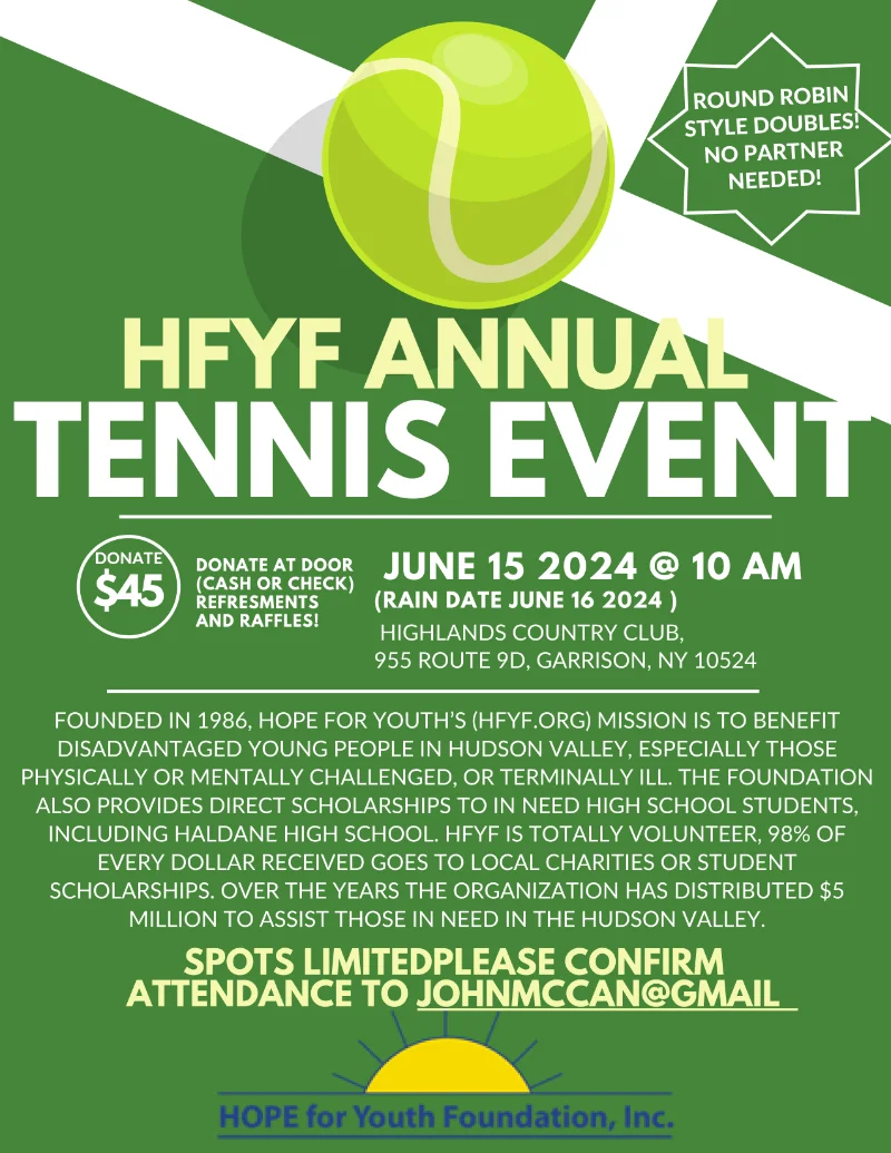 HOPE for Youth Foundation Tennis Event flyer